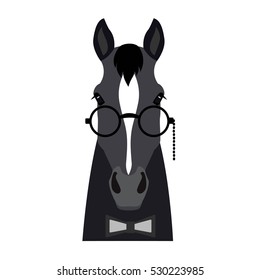 Vector Flat horse hipster head isolated. Dark grey color horse face in glasses and bowtie.  Cartoon style illustration. Object for web, poster, banner, print design. Advertisement decoration element