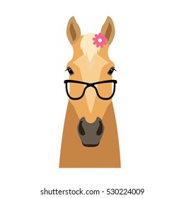 Vector Flat horse hipster head isolated. Palomino, beige color horse face in sunglasses with flower. Cartoon style illustration Object for poster banner print design. Advertisement decoration element