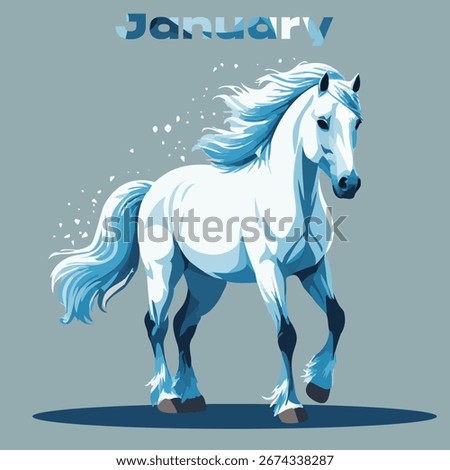 Vector flat horse in icy blue color with frosty mane and tail resembling snow and ice crystals. Symbol of winter and cold season. Ideal for seasonal calendar design and winter themes.