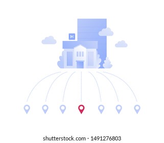 Vector flat hospital network illustration. Blue building connecting navigation tag isolated on white background. Concept of worldwide clinic, service Design element for poster, flyer, card, banner, ui