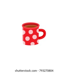 Vector flat hot beverage cup icon. Red dotted colored ceramic mug with coffee, tea drink. Isolated illustration on a white background. Festive winter tableware.