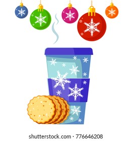 Vector flat hot cup of coffee with cookies, snowflakes and Christmas balls, illustration isolated on white background