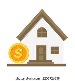 Vector flat house dollar symbol. Real estate in USA. Dollar coin with house isolated on white. Simple House with money coin