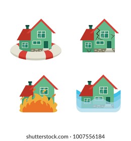 Vector flat house insurance concept set. Private house being protecting from flood disasters by inflatable ring, damaged by fire, flood, earthquake. Natural disaster insurance. Isolated illustration