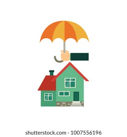 Vector flat house insurance concept. Private house being protecting from disasters by business hand holding big umbrella. Natural disaster insurance scenes. Isolated illustration on a white background