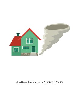 Vector flat house insurance concept set. House being damaged by tornado wind hurricane or whirlwind. Natural disaster insurance scenes. Isolated illustration on a white background.