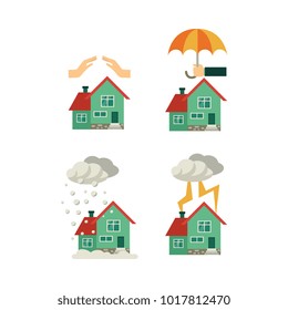 Vector flat house insurance concept set. House being damaged by wind, pouring rain, lighting. Hands, umbrella protecting house. Natural disaster insurance scene. Isolated illustration white background