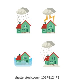 Vector flat house insurance concept set. House being damaged by wind, pouring rain, lighting snowfall and flood. Natural disaster insurance scenes. Isolated illustration on a white background