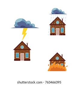 Vector flat house insurance concept set. Houses being damaged by wind, rain, lighting and fire. Natural disaster insurance scenes. Isolated illustration on a white background.