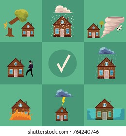 Vector flat house insurance concept poster. House being damaged by wind, rain, lighting fire, snow, tornado hurricane or whirlwind, by flood and falling tree. Natural disaster insurance scenes
