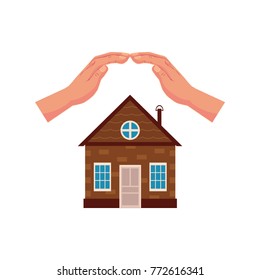 Vector flat house insurance concept. Private house being protecting from disasters by hands making roof . Natural disaster insurance scenes. Isolated illustration on a white background
