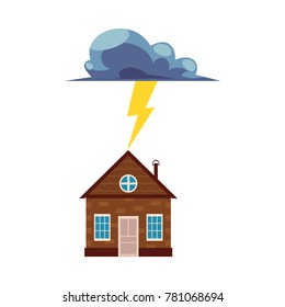 Vector flat house insurance concept set. House being damaged by thunder and lighting strike. Natural disaster insurance scenes. Isolated illustration on a white background.