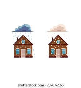 Vector flat house insurance concept set. House being damaged by wind, pouring rain and snowfall. Natural disaster insurance scenes. Isolated illustration on a white background