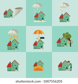 Vector flat house insurance concepts set. House being damaged by robbery, wind, rain, lighting fire, snow, tornado hurricane or whirlwind, by flood and falling tree. Natural disaster insurance scenes