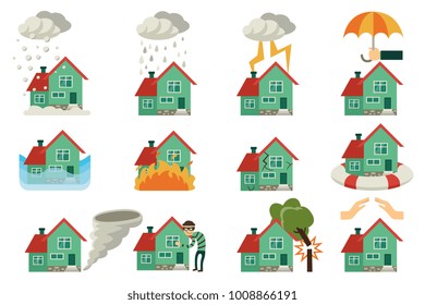 Vector Flat House Insurance Concepts Set. House Being Damaged By Robbery, Wind, Rain, Lighting Fire, Snow, Tornado Hurricane Or Whirlwind, By Flood And Falling Tree. Natural Disaster Insurance Scenes