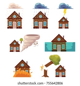 Vector flat house insurance concepts set. House being damaged by wind, rain, lighting fire, snow, tornado hurricane or whirlwind, by flood and falling tree. Natural disaster insurance scenes isolated.