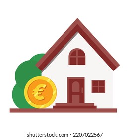 Vector flat house with money euro symbol. Real estate in Europe. Euro coin with house in Europe isolated on white. Euro money. Euro coin with house. Buy home Europe. Mortgage real estate investment.	