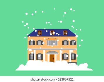 Vector flat house on green background with snow. Greeting card