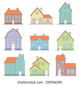 vector flat houses line icons set