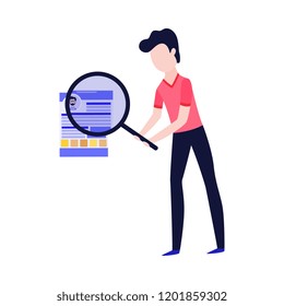 Vector flat hr manager with magnifier looking for good a candidate sorting out resume, cv employee id, or social network user account profile page in digital blue device application screen.
