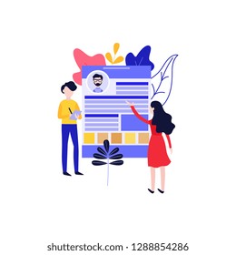 Vector flat hr managers looking for employee concept. Man looking for good a candidate sorting out resume cv, making notes, woman pointing to digital blue device application screen