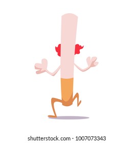 Vector flat huge evil cigarette monster character with burning eyes, legs and arms chasing for victim. Unhealthy nicotine addiction, tobacco smoking risk, threat concept. Isolated illustration