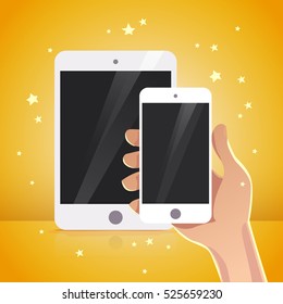 Vector flat human hand holding smartphone illustration. Cartoon style. Modern digital device mock up.  Good for sale banner, special offer flayer, leaflet design.