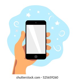 Vector flat human hand holding smartphone illustration. Cartoon style. Modern digital device mock up.  Good for sale banner, special offer flayer, leaflet design.