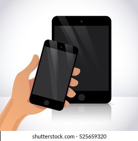 Vector flat human hand holding smartphone illustration. Cartoon style. Modern digital device mock up.  Good for sale banner, special offer flayer, leaflet design.