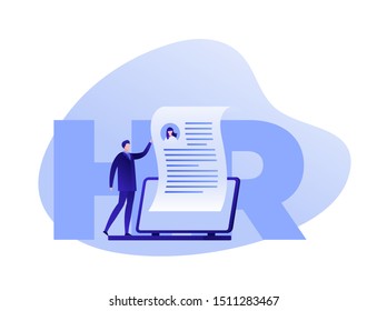 Vector flat human resources person illustration. Man with laptop and resume symbol on hr text. Concept of cloud assistant employee search. Design element for banner, poster, infographics.