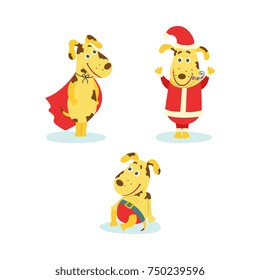 vector flat humanized dog characters set. Male cute animals in christmas santa claus costume with hat, superman cape, standing and sitting in pants. isolated illustration on a white background