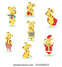vector flat humanized dog characters set. Male animals in christmas santa claus and superman costumes, in skirt with necktie, with thank you poster standing and sitting in pants. isolated illustration