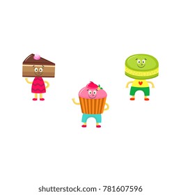 Vector flat humanized sweet dessert set. Female character with human body and chocolate piece of cake head, cream biscuit and macaron male characters. Isolated illustration white background.