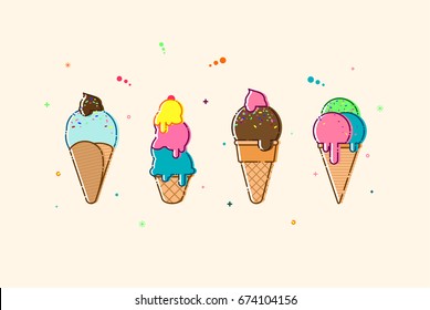 Vector flat ice cream. Cold delicious summer dessert set. Sweet dessert illustration.
