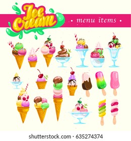 Vector flat ice cream cone and glass element set isolated on white background. Ice cream shop, store, truck logo, brand mark. Cartoon style. Sweet dessert illustration. Good for package, menu design.