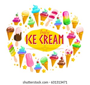 Vector flat ice cream cones and eskimo element set isolated on white background. Cartoon style. Sweet dessert frame made with splattered candy and stars. Good for package design, menu cover template.
