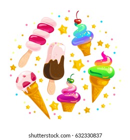 Vector flat ice cream cones and eskimo element set isolated on white background. Cartoon style. Sweet dessert frame made with splattered candy and stars. Good for package design, menu cover template.