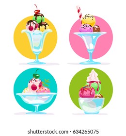 Vector flat ice cream cones and glasses element set isolated on white background. Cartoon style. Sweet dessert illustration. Good for package design, menu cover template.