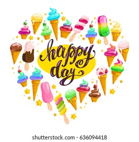 Vector flat ice cream cones, eskimo isolated on white background. Hand drawn letters. Cartoon style. Sweet dessert frame with splattered candy, star. Ice cream truck, shop, logo, menu, package design.