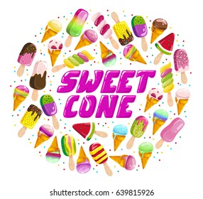 Vector flat ice cream cones and eskimo element set isolated with text logo on white background. Cartoon style. Sweet dessert frame made with splattered candy. Package design, menu cover template.