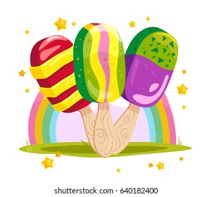 Vector flat ice cream cones and eskimo element set isolated on white background. Cartoon style. Sweet dessert illustration with candy and stars. Good for package design, menu cover and item template.