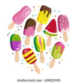 Vector flat ice cream eskimo element set isolated on white background. Cartoon style. Sweet dessert frame made with splattered candy and confetti. Good for package design, menu cover template.