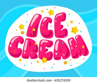 Vector flat ice cream shop, store logo isolated on yellow background. Cartoon style. Ice cream store, truck emblem with confetti, stars. Badge, sticker, packaging design element.