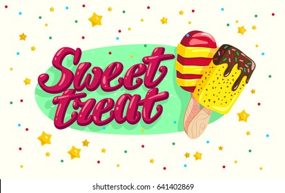 Vector Flat Ice Cream Truck, Shop, Store Logo With Hand Written Font And Two Eskimo With Confetti Isolated On White Background. Cartoon Style. Dessert Illustration. Package Design, Menu Cover Template