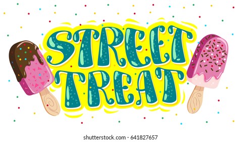 Vector flat ice cream truck, shop, store logo with hand written font and two eskimo with confetti isolated on white background. Cartoon style. Dessert illustration. Package design, menu cover template