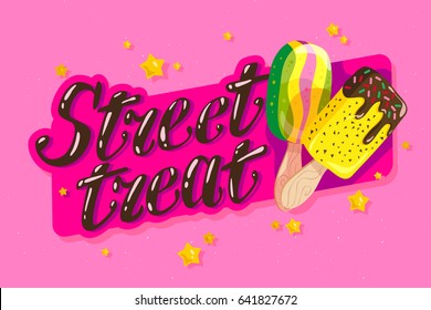Vector flat ice cream truck, shop, store logo with hand written font and two eskimo with confetti isolated on pink background. Cartoon style. Dessert illustration. Package design, menu cover template