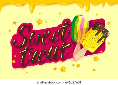 Vector flat ice cream truck, shop or store logo with hand written font, two eskimo with confetti isolated on yellow background. Cartoon style Dessert illustration. Package design, menu cover template