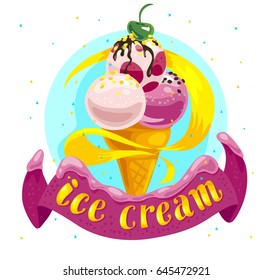 Vector flat ice cream truck, shop, store logo with hand written font, confetti, ribbon and ice cream cone isolated on white background. Cartoon style. Dessert illustration. Package design, menu cover.