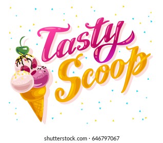 Vector flat ice cream truck, shop, store logo with hand written font and ice cream cone, confetti isolated on white background. Cartoon style. Dessert illustration. Package design, menu cover template