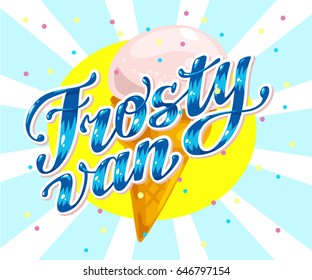 Vector flat ice cream truck, shop, store logo with hand written font and ice cream cone, confetti isolated on white background. Cartoon style. Dessert illustration. Package design, menu cover template